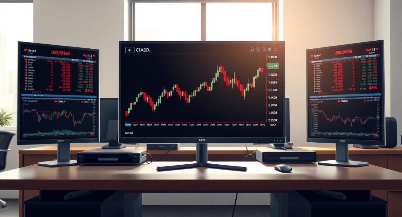USD/CAD forex chart analysis showing pair advance on trading desk monitor.