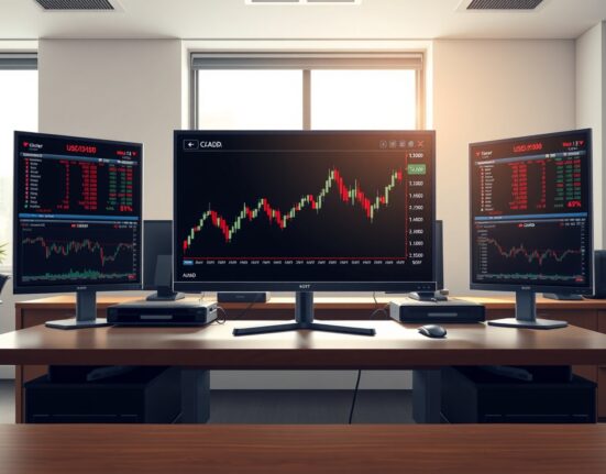 USD/CAD forex chart analysis showing pair advance on trading desk monitor.