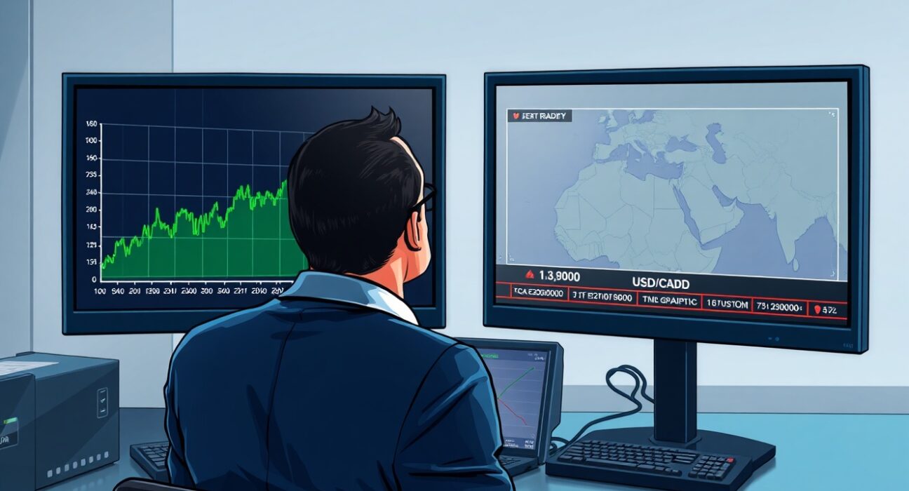 Trader monitors USD/CAD exchange rate surge and Middle East news on financial trading desk screens.