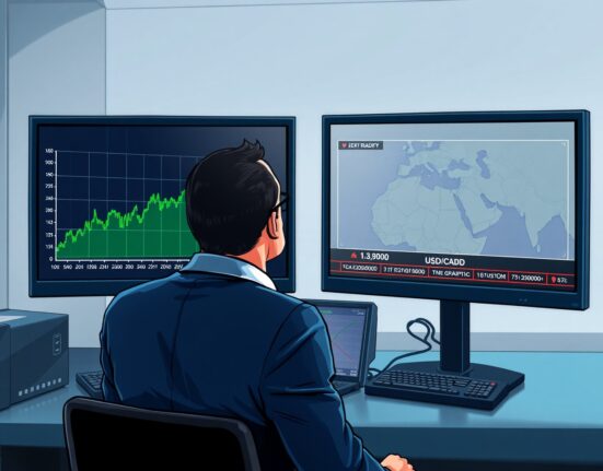 Trader monitors USD/CAD exchange rate surge and Middle East news on financial trading desk screens.