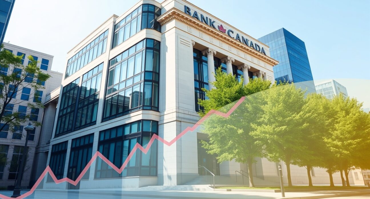 Bank of Canada headquarters with energy price analysis overlay for USD/CAD monetary policy decision