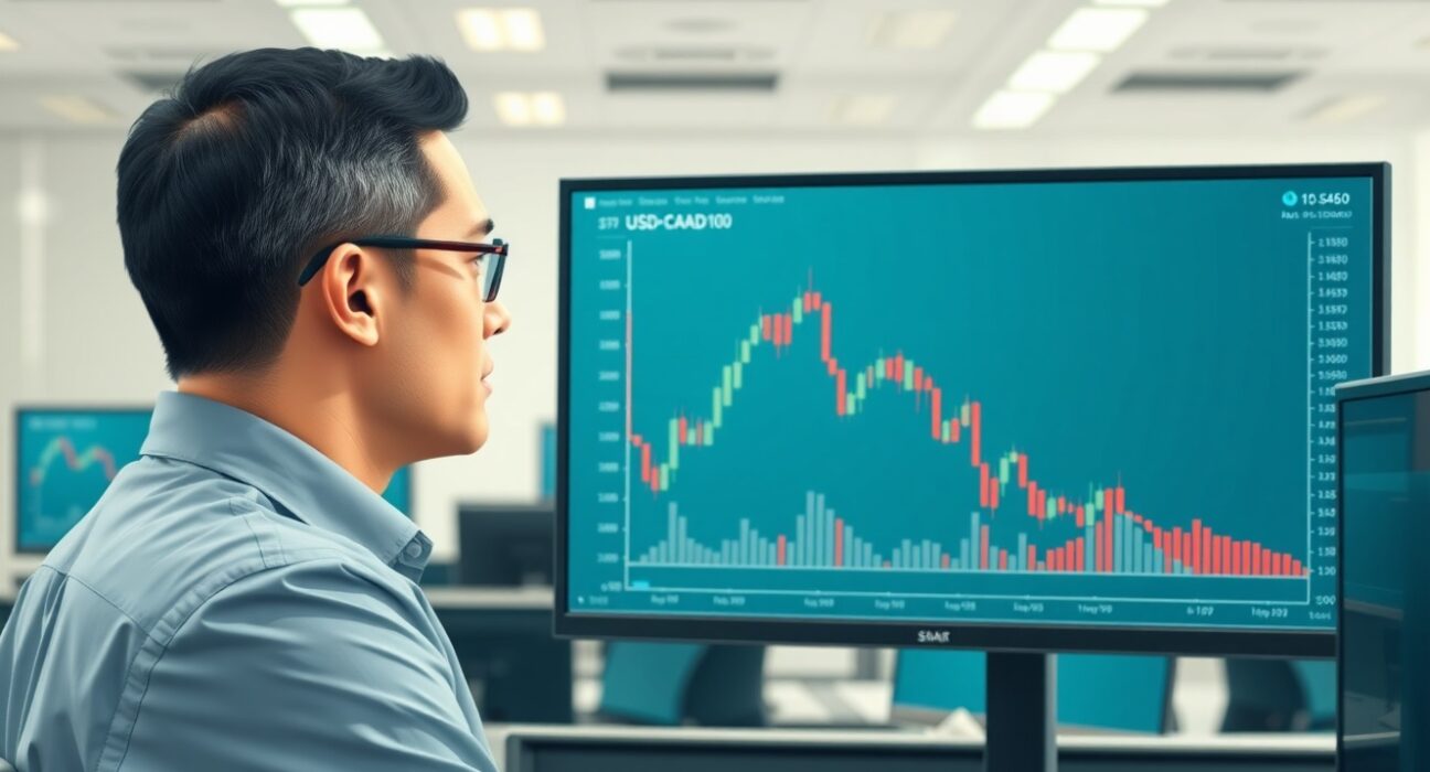 Financial analyst reviews USD/CAD bear trend chart highlighting Scotiabank's warning.