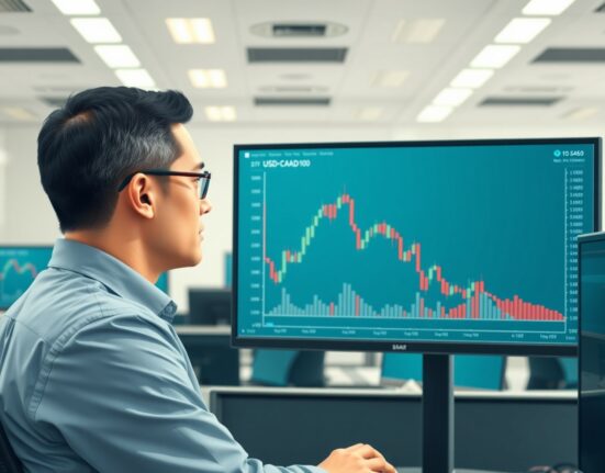 Financial analyst reviews USD/CAD bear trend chart highlighting Scotiabank's warning.