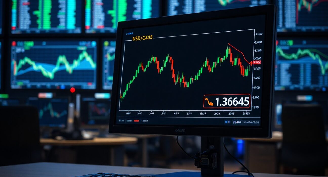 USD/CAD forex chart showing bearish trend below 1.3645 level on trading monitor