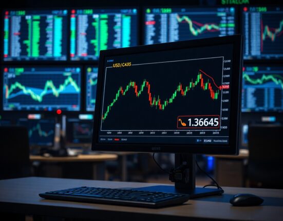 USD/CAD forex chart showing bearish trend below 1.3645 level on trading monitor