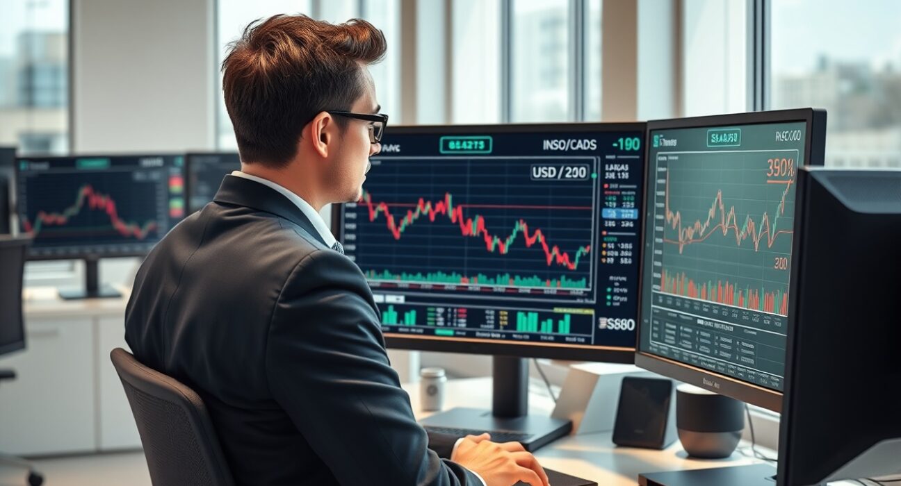 Financial analyst reviewing USD/CAD bearish trend and valuation data from Scotiabank.