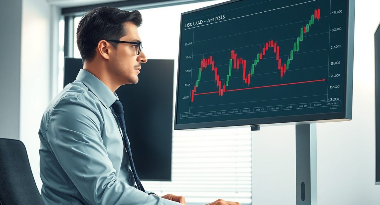 Financial analyst reviews USD/CAD bearish trend chart with key technical levels marked.