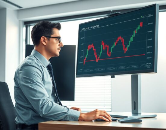 Financial analyst reviews USD/CAD bearish trend chart with key technical levels marked.