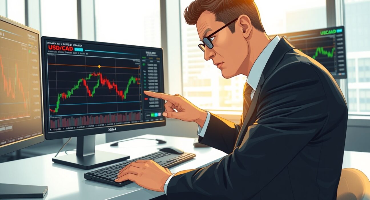 Financial analyst examining USD/CAD currency charts and Bank of Canada inflation data in trading environment