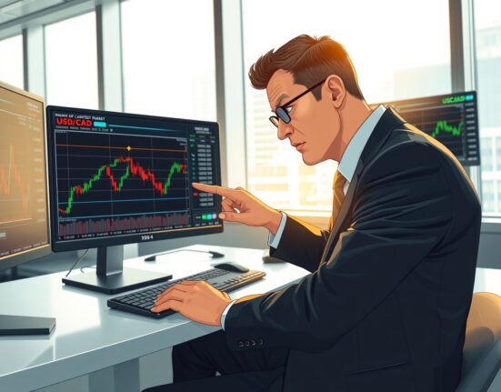Financial analyst examining USD/CAD currency charts and Bank of Canada inflation data in trading environment