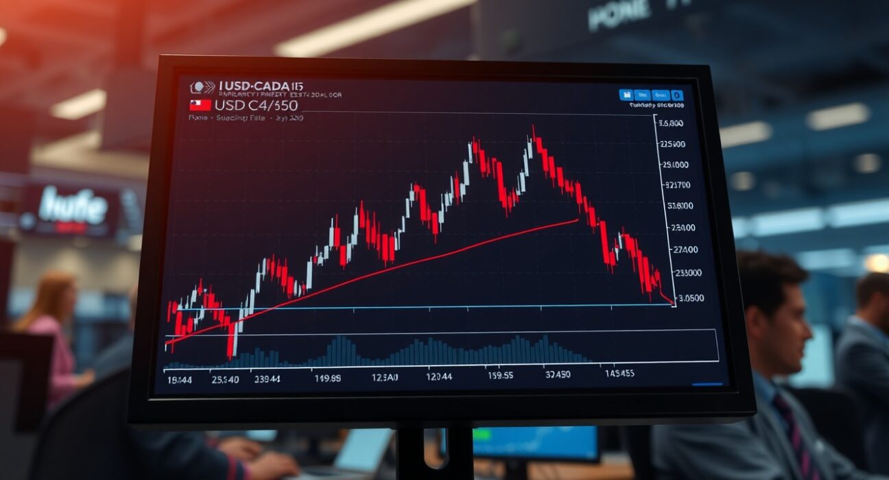 USD/CAD candlestick chart showing whipsaw volatility after Bank of Canada rate decision and Iran threat