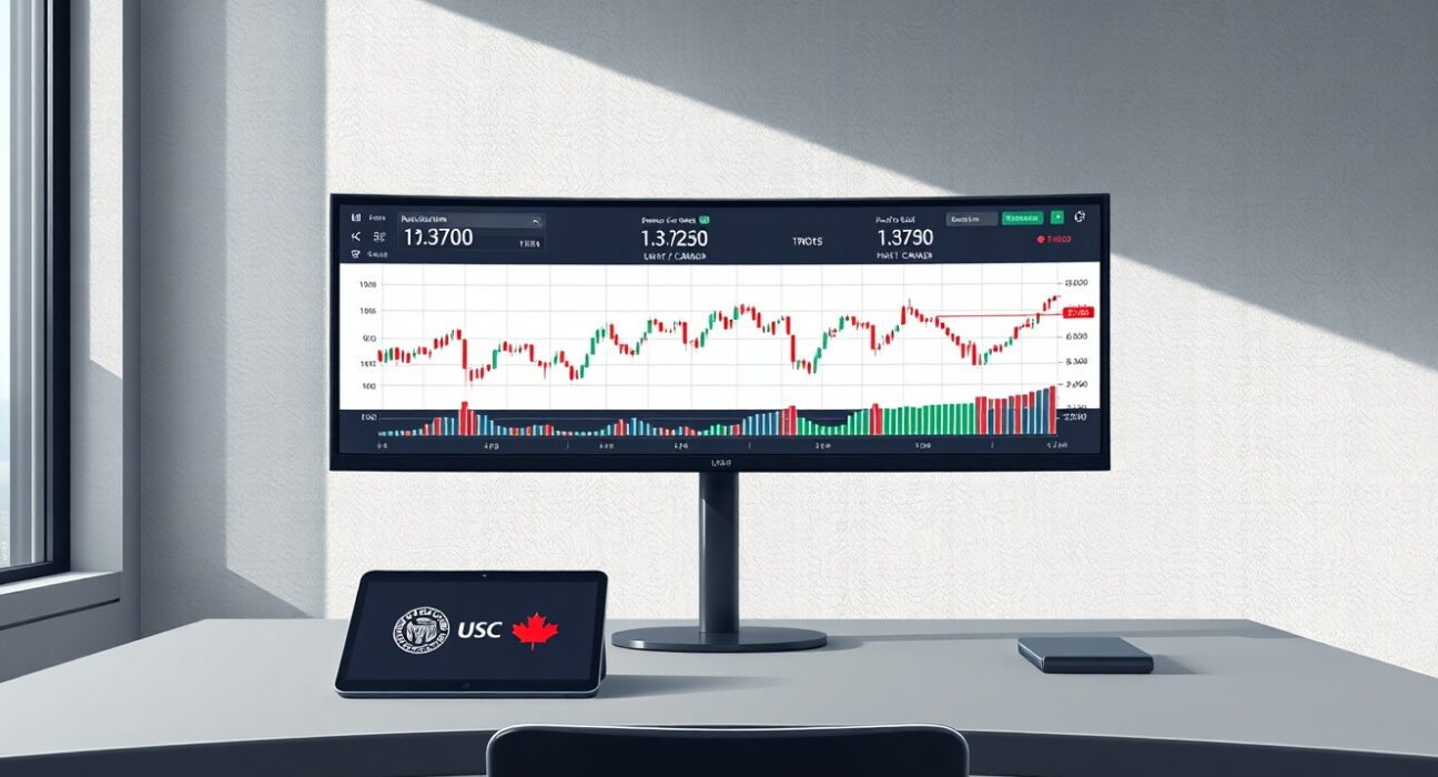 USD/CAD currency pair analysis showing trading desk with Bank of Canada and Federal Reserve policy data