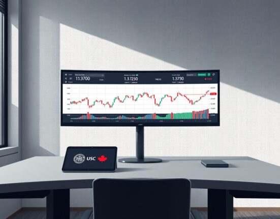 USD/CAD currency pair analysis showing trading desk with Bank of Canada and Federal Reserve policy data
