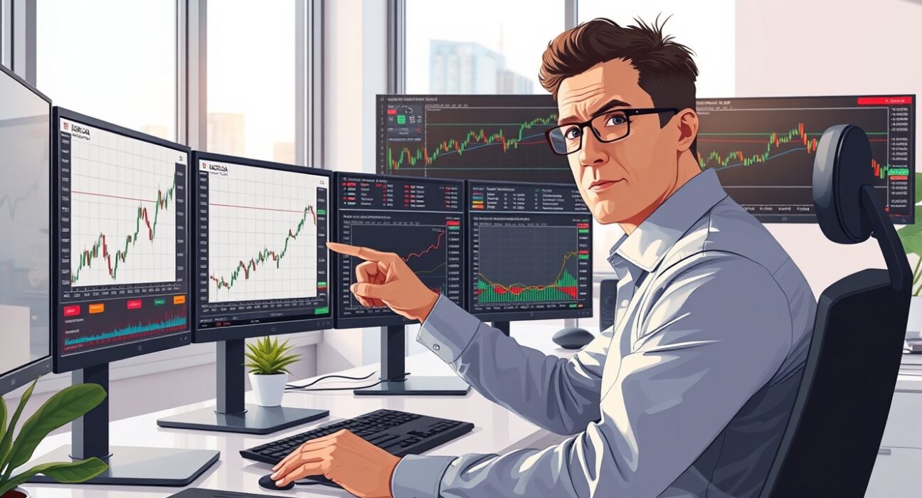 Financial analyst examining USD/CAD currency charts showing bullish trend above fair value according to Scotiabank analysis.