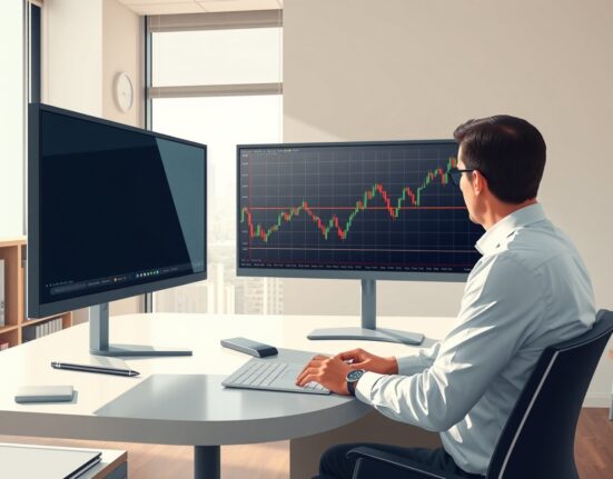 Financial analyst reviews Scotiabank USD/CAD forecast showing bullish trend on trading monitor.