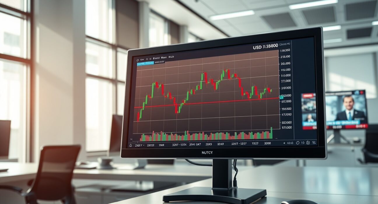 USD/CAD forex chart trading below 1.3800 on a professional trading desk monitor.