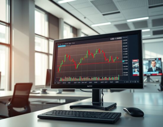 USD/CAD forex chart trading below 1.3800 on a professional trading desk monitor.