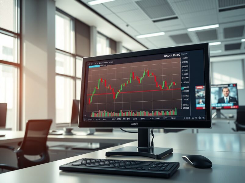 USD/CAD forex chart trading below 1.3800 on a professional trading desk monitor.