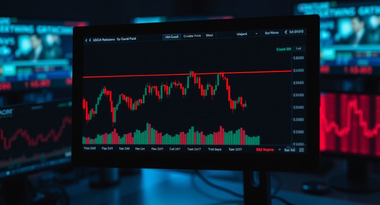 Close-up of a USD/CAD candlestick chart on a monitor showing consolidation near resistance.