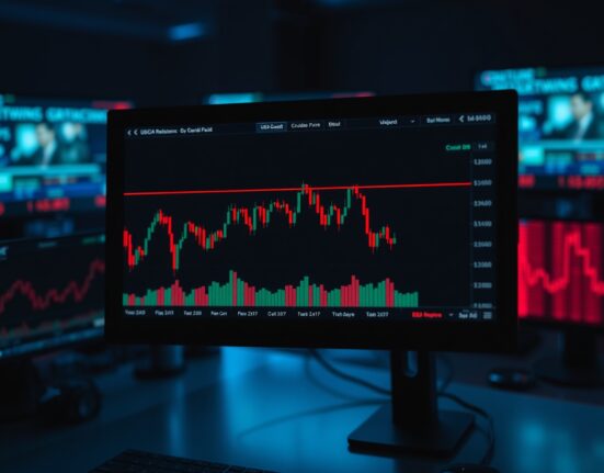 Close-up of a USD/CAD candlestick chart on a monitor showing consolidation near resistance.