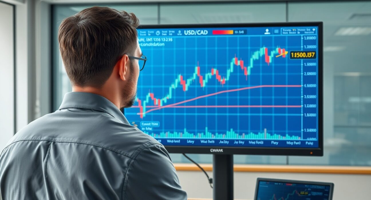 Financial analyst reviewing USD/CAD currency pair consolidation chart from Scotiabank.