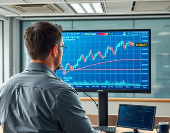 Financial analyst reviewing USD/CAD currency pair consolidation chart from Scotiabank.