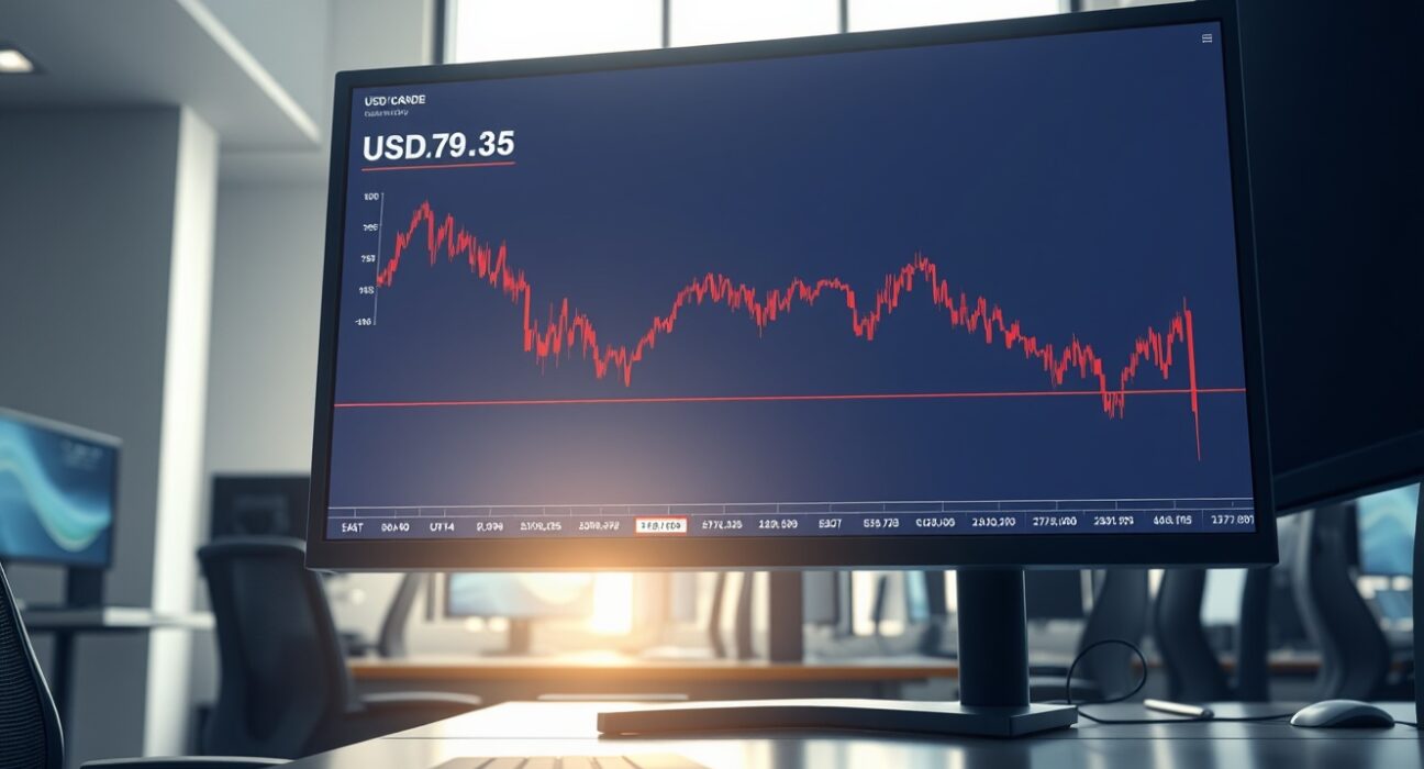 USD/CAD exchange rate chart showing a significant decline on a trading desk monitor.
