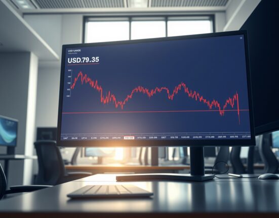 USD/CAD exchange rate chart showing a significant decline on a trading desk monitor.