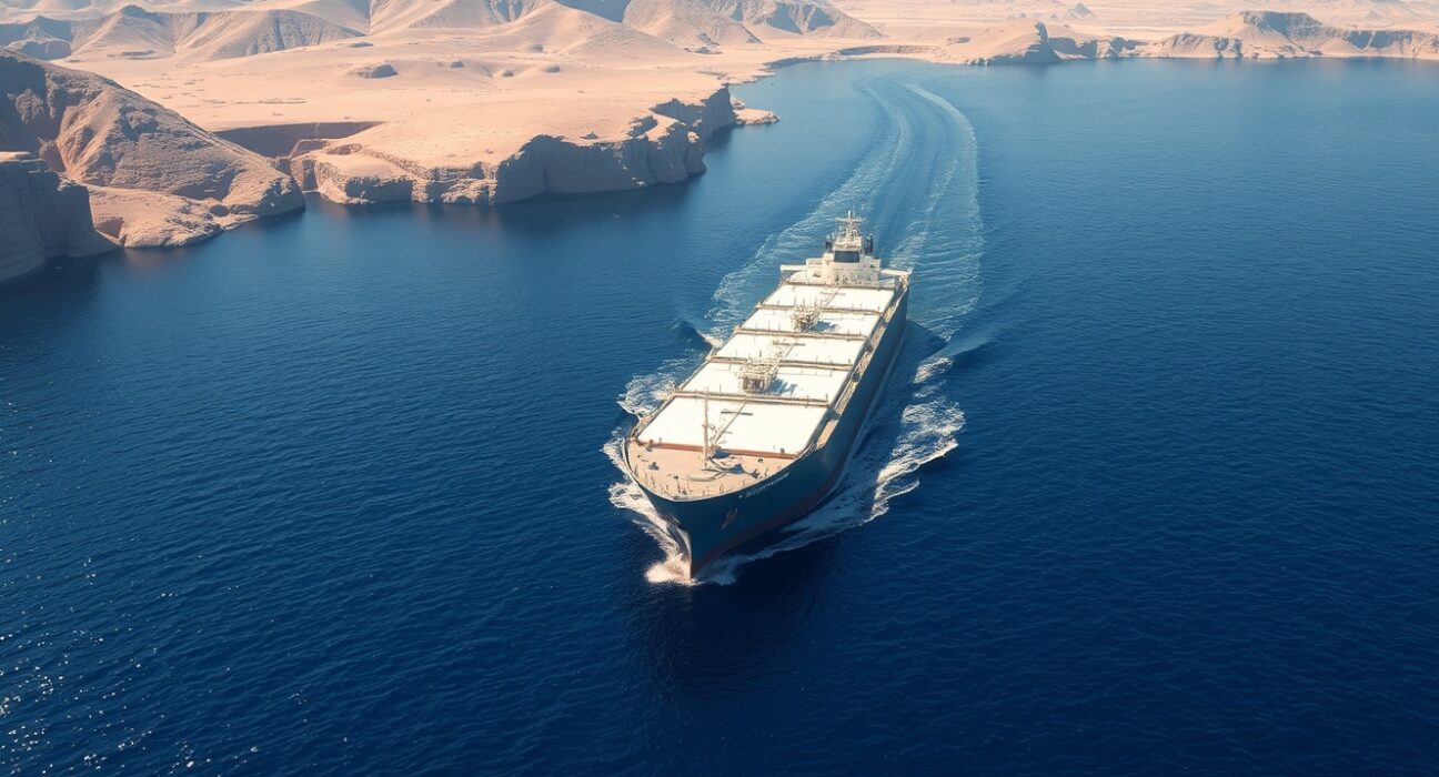 Oil tanker navigating the strategic Strait of Hormuz during geopolitical tensions affecting USD/CAD currency pair.