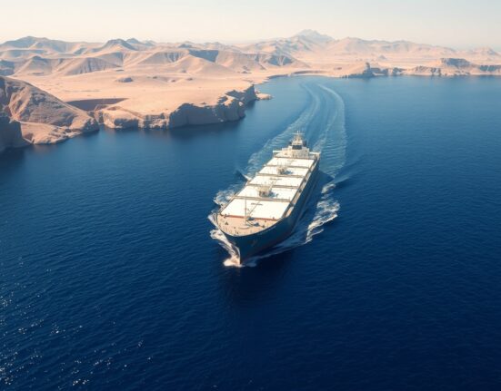 Oil tanker navigating the strategic Strait of Hormuz during geopolitical tensions affecting USD/CAD currency pair.