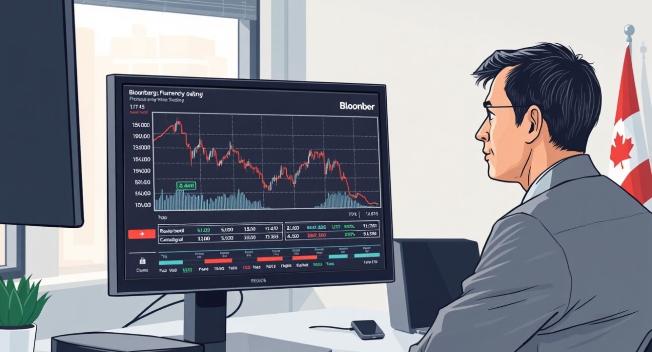 Financial analyst monitoring USD/CAD currency pair decline on trading terminal in Toronto office