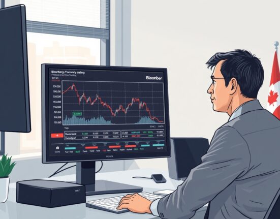 Financial analyst monitoring USD/CAD currency pair decline on trading terminal in Toronto office