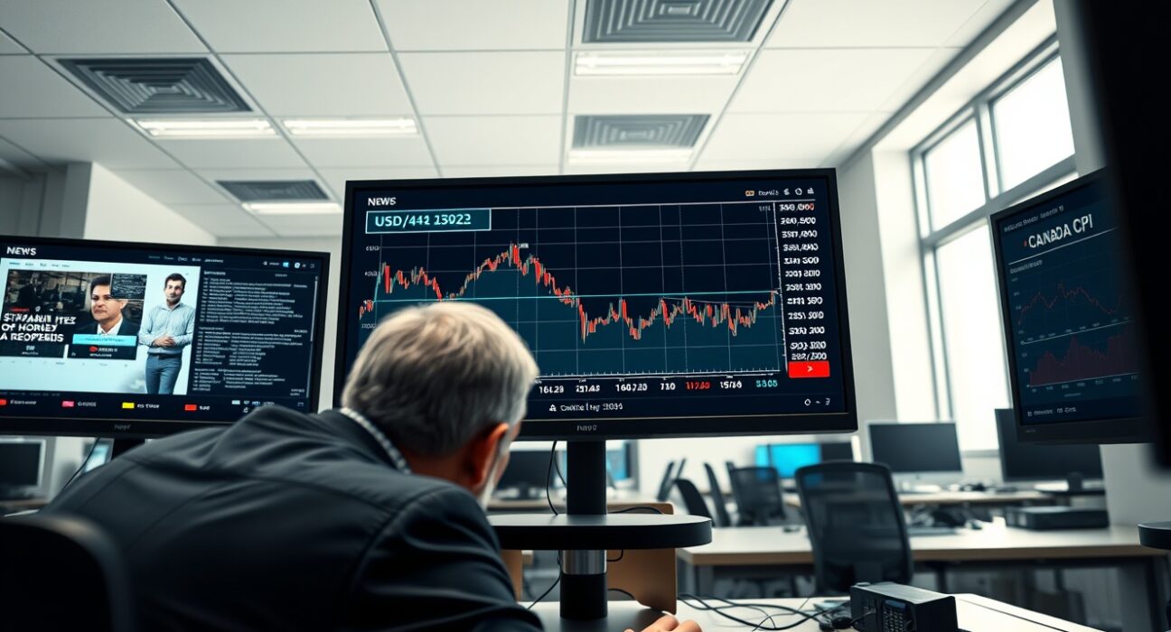 Trader analyzing USD/CAD chart as Strait of Hormuz news and Canada CPI data impact currency markets.