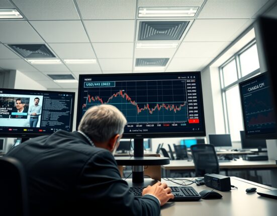 Trader analyzing USD/CAD chart as Strait of Hormuz news and Canada CPI data impact currency markets.