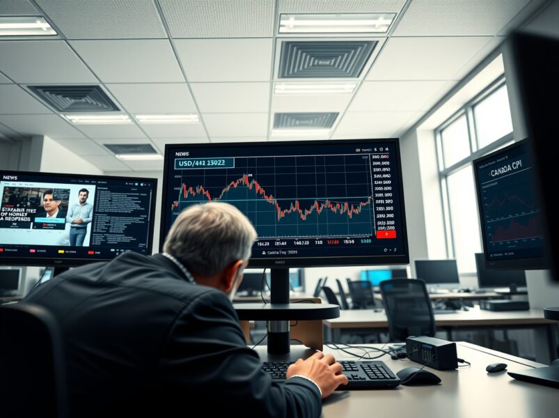 Trader analyzing USD/CAD chart as Strait of Hormuz news and Canada CPI data impact currency markets.