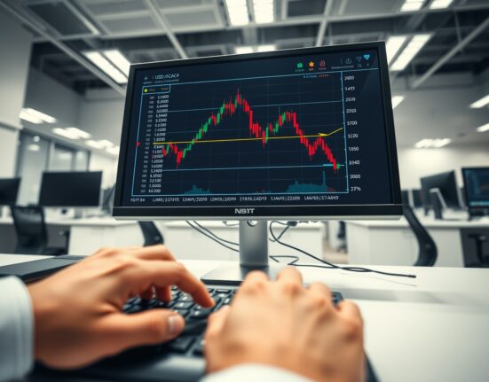 USD/CAD forex chart showing a decline on a trading desk monitor.