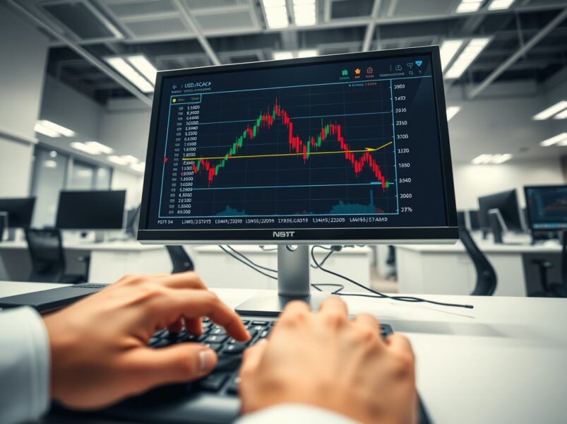 USD/CAD forex chart showing a decline on a trading desk monitor.
