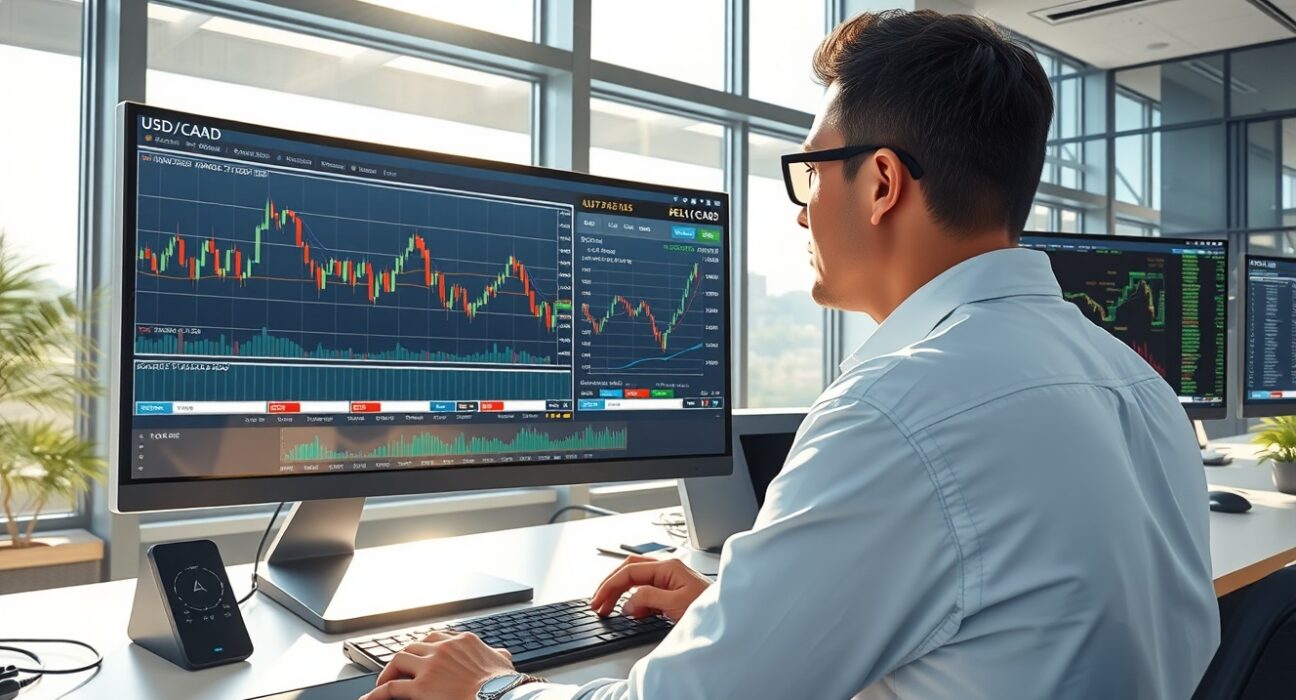 Professional trader analyzing USD/CAD currency pair charts with technical indicators on trading desk monitors