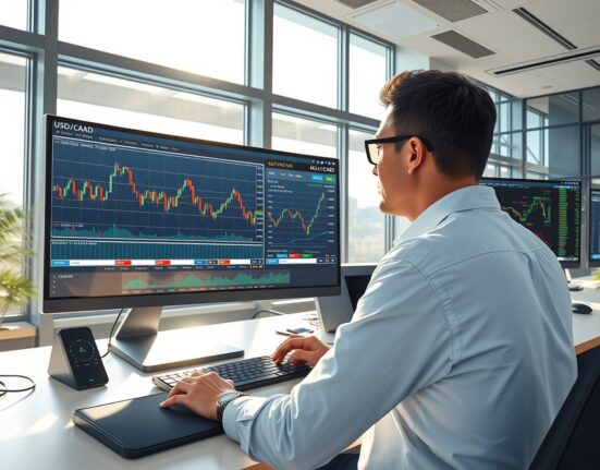 Professional trader analyzing USD/CAD currency pair charts with technical indicators on trading desk monitors
