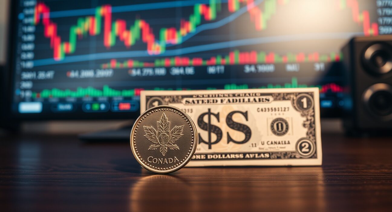 USD/CAD forex chart with Loonie and US dollar on desk, representing Fed and Bank of Canada rate decisions.