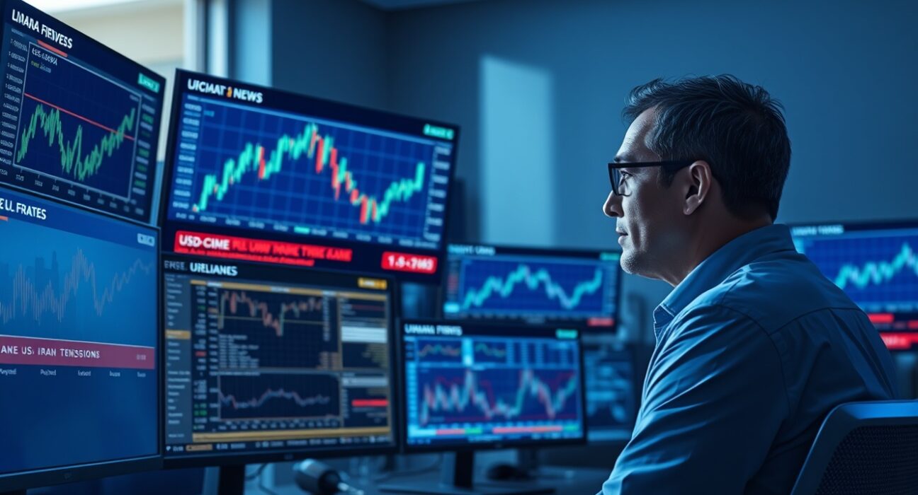 USD/CAD forex chart showing an upward trend amid US-Iran geopolitical tensions, with a financial analyst monitoring the markets.