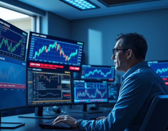 USD/CAD forex chart showing an upward trend amid US-Iran geopolitical tensions, with a financial analyst monitoring the markets.