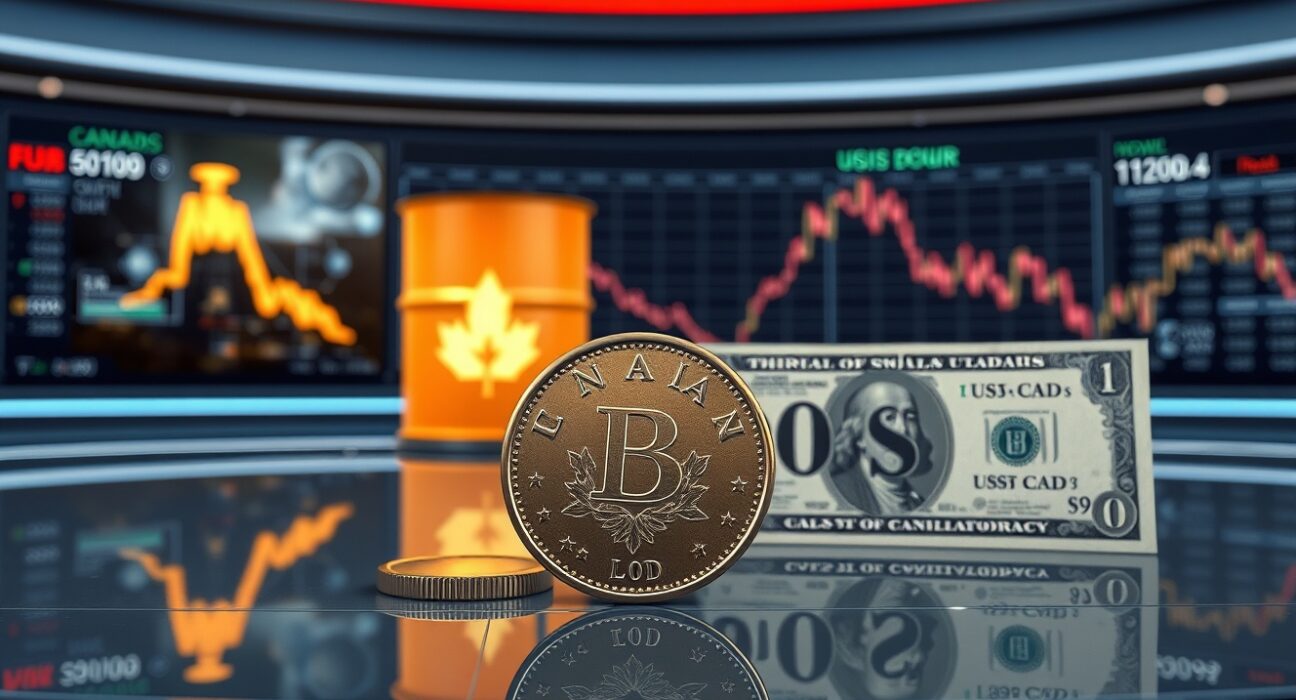 USD/CAD edges lower as softer US Dollar and higher Oil prices bolster Canadian dollar outlook, with a loonie coin and oil barrel on a news desk.