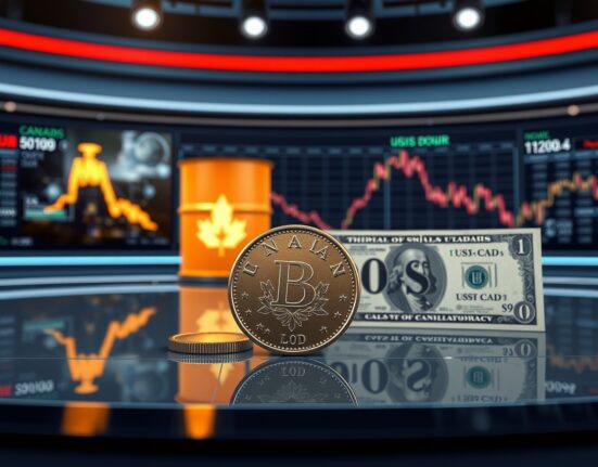 USD/CAD edges lower as softer US Dollar and higher Oil prices bolster Canadian dollar outlook, with a loonie coin and oil barrel on a news desk.