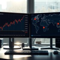 Forex trading desk showing USD/CAD chart analysis amid geopolitical tensions