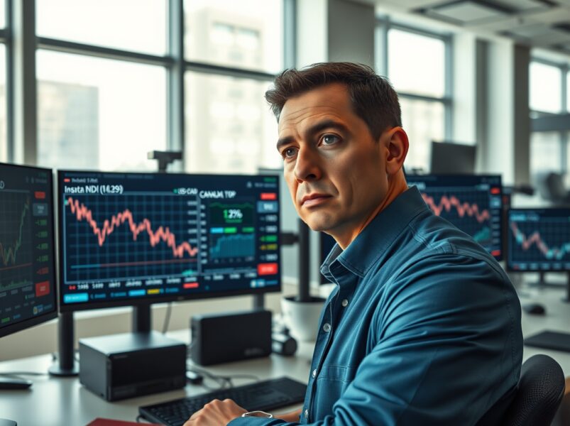 Trader analyzing USD/CAD forex charts and Canada inflation data ahead of Bank of Canada rate decision