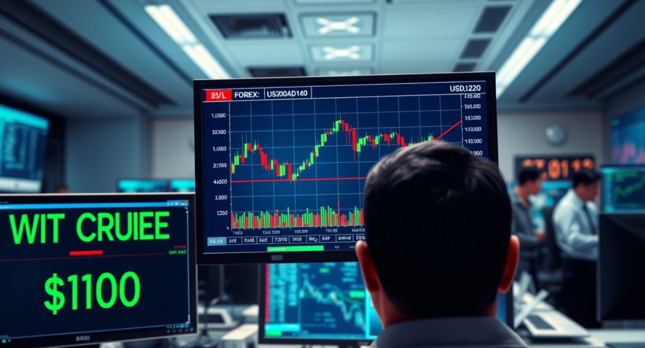 USD/CAD forex chart falling as oil price surges past $100 on trading desk screens.