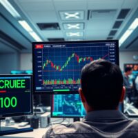 USD/CAD forex chart falling as oil price surges past $100 on trading desk screens.