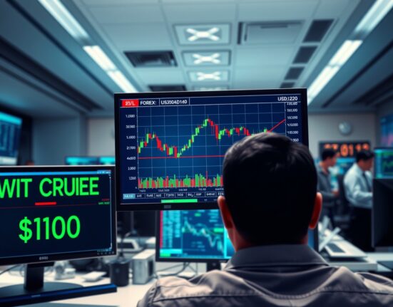 USD/CAD forex chart falling as oil price surges past $100 on trading desk screens.