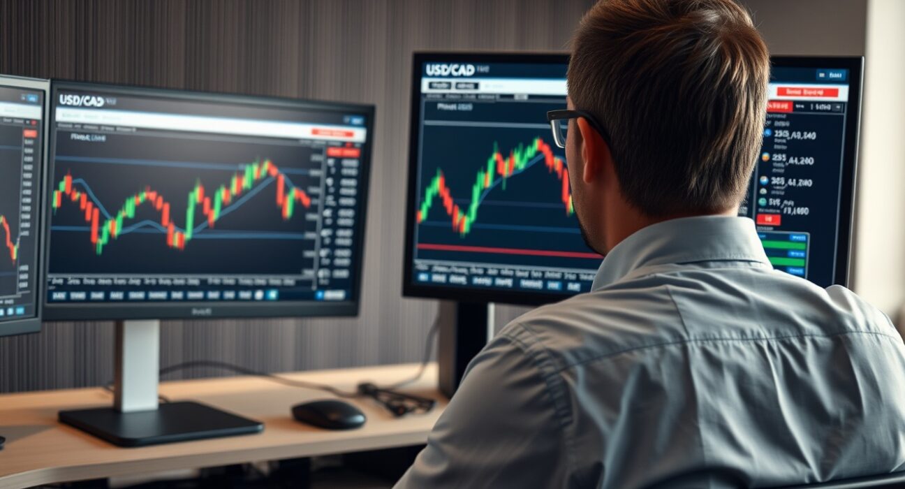 Trader analyzing USD/CAD forex chart with Fibonacci retracement levels on multiple monitors in a modern trading office.